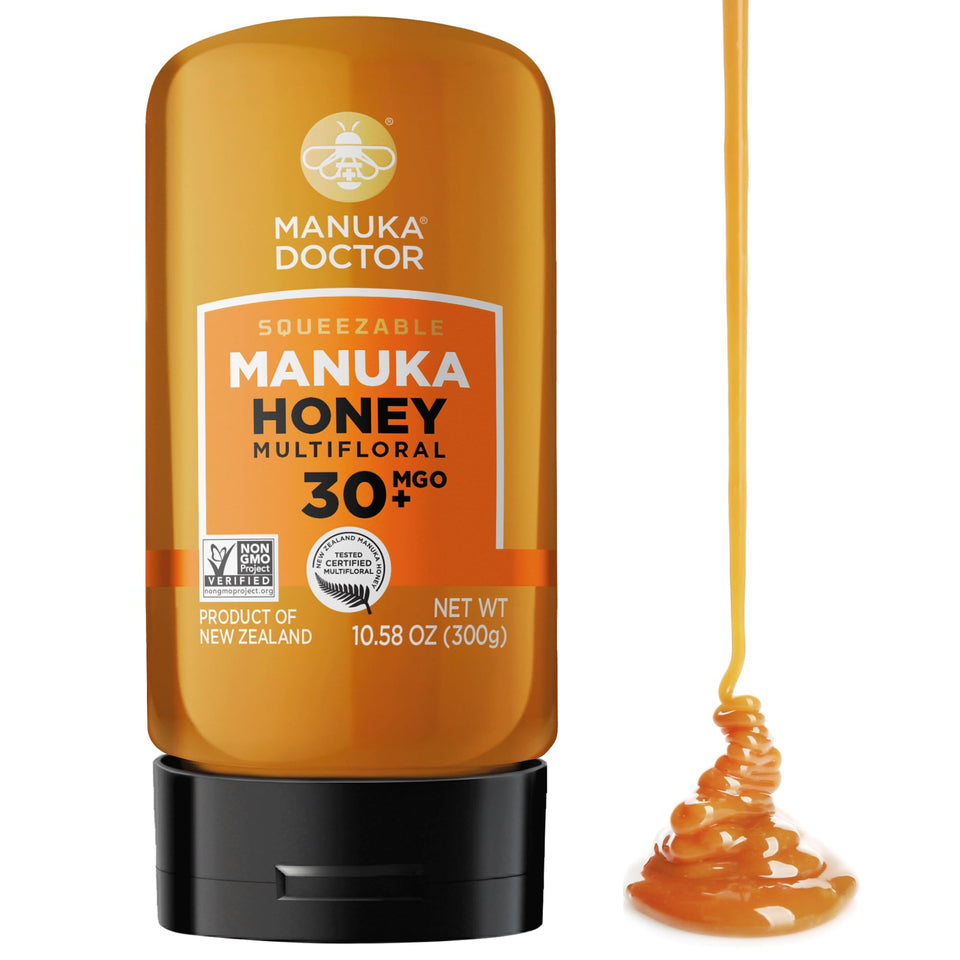 Manuka Doctor MGO30 squeezy bottle hero shows convenient no-drip design for mess-free honey dosing.