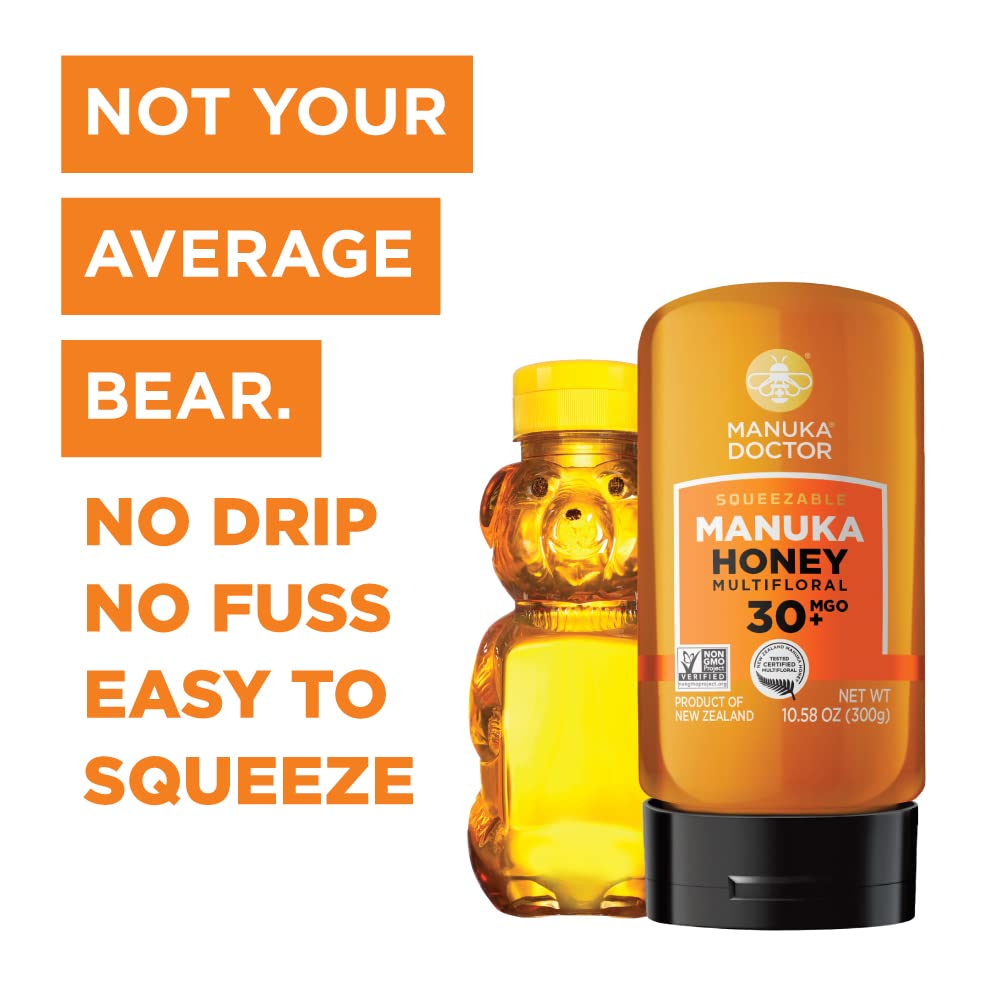 Manuka Doctor MGO30 bottle on counter suggests New Zealand origin and raw quality for daily use.