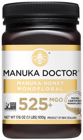 Manuka Doctor MGO 525+ honey jar in deep amber for daily use.