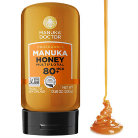 Manuka Doctor MGO 80+ honey bottle pour showcases no-drip design for mess-free serving.