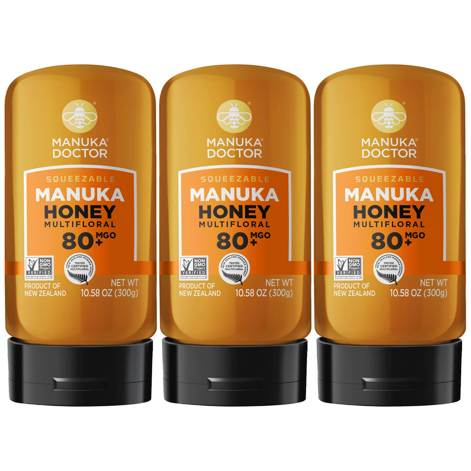 Manuka Doctor MGO 80+ squeezy bottle for mess-free honey on the go.