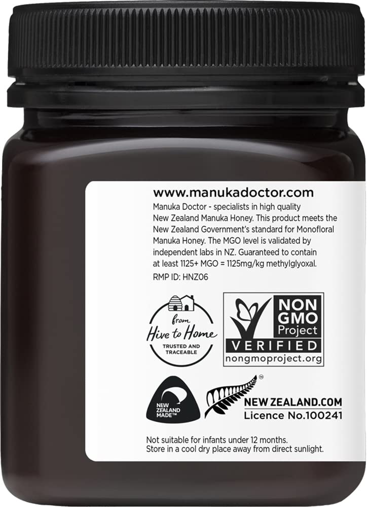 Manuka Doctor packaging confirms raw, non-GMO NZ honey from trusted beekeepers.