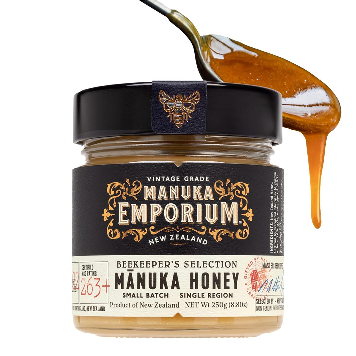 Manuka Emporium Manuka Honey MGO 263+ bottle label showing purity and monofloral origin.