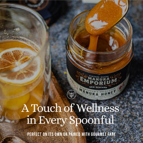 Spoonful of MGO 263+ honey inviting a moment of indulgence.