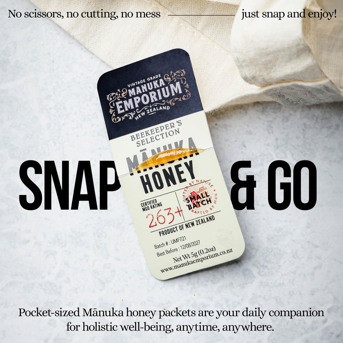 Manuka Emporium single snap packet close-up for convenient portion control