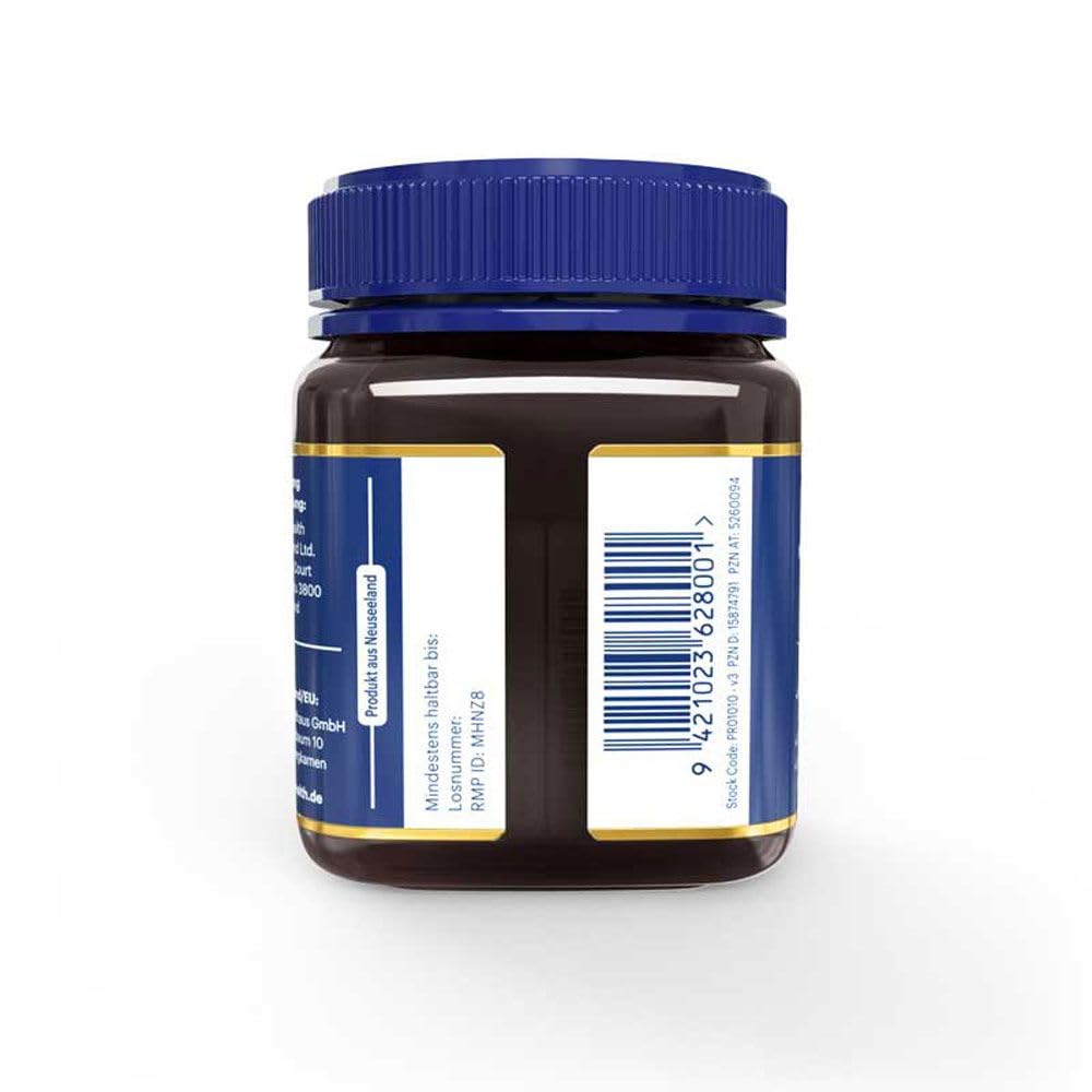 Manuka Health product label shows New Zealand origin and traceable quality credentials.
