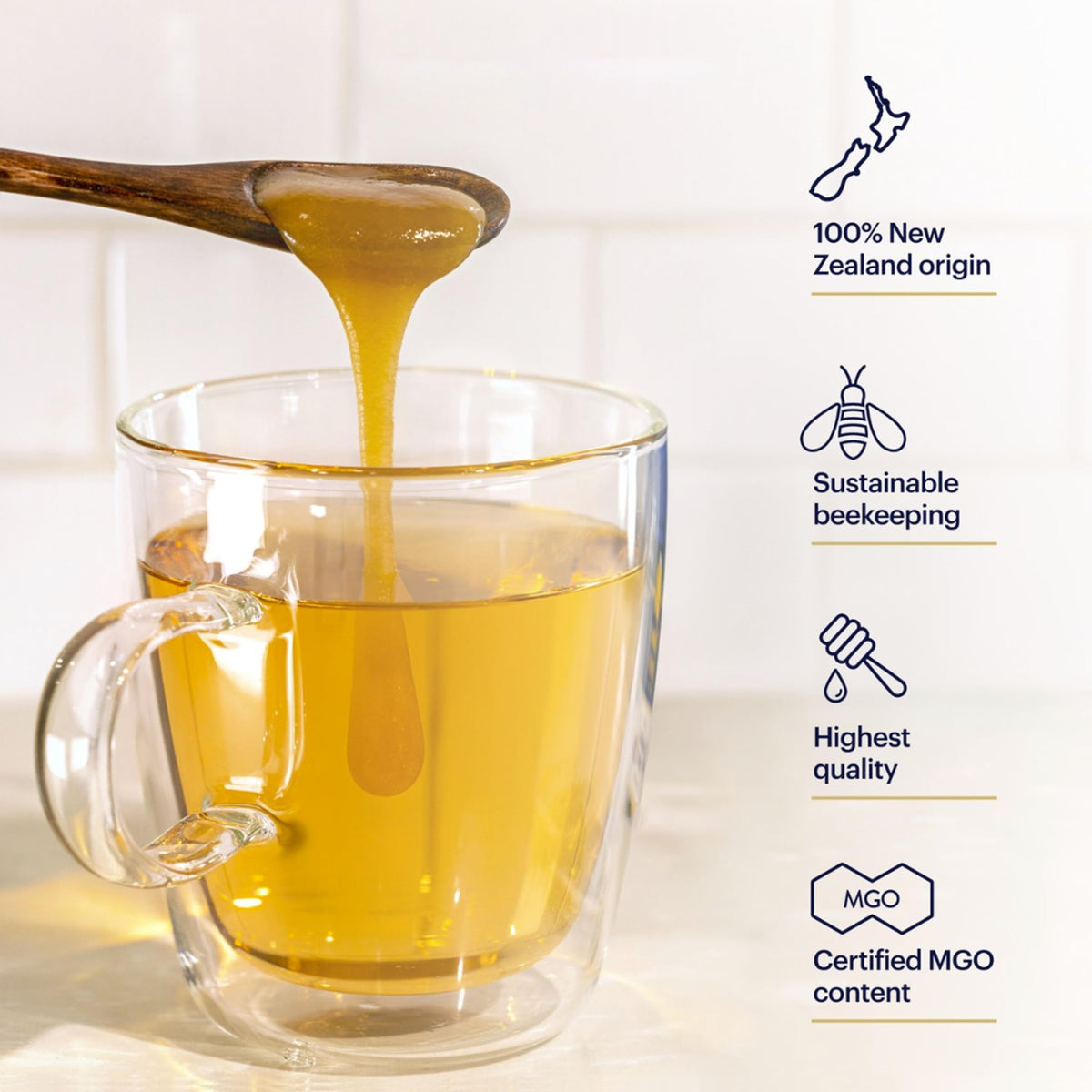 Drizzling Manuka Health honey into tea supports a fragrant, natural sweetness
