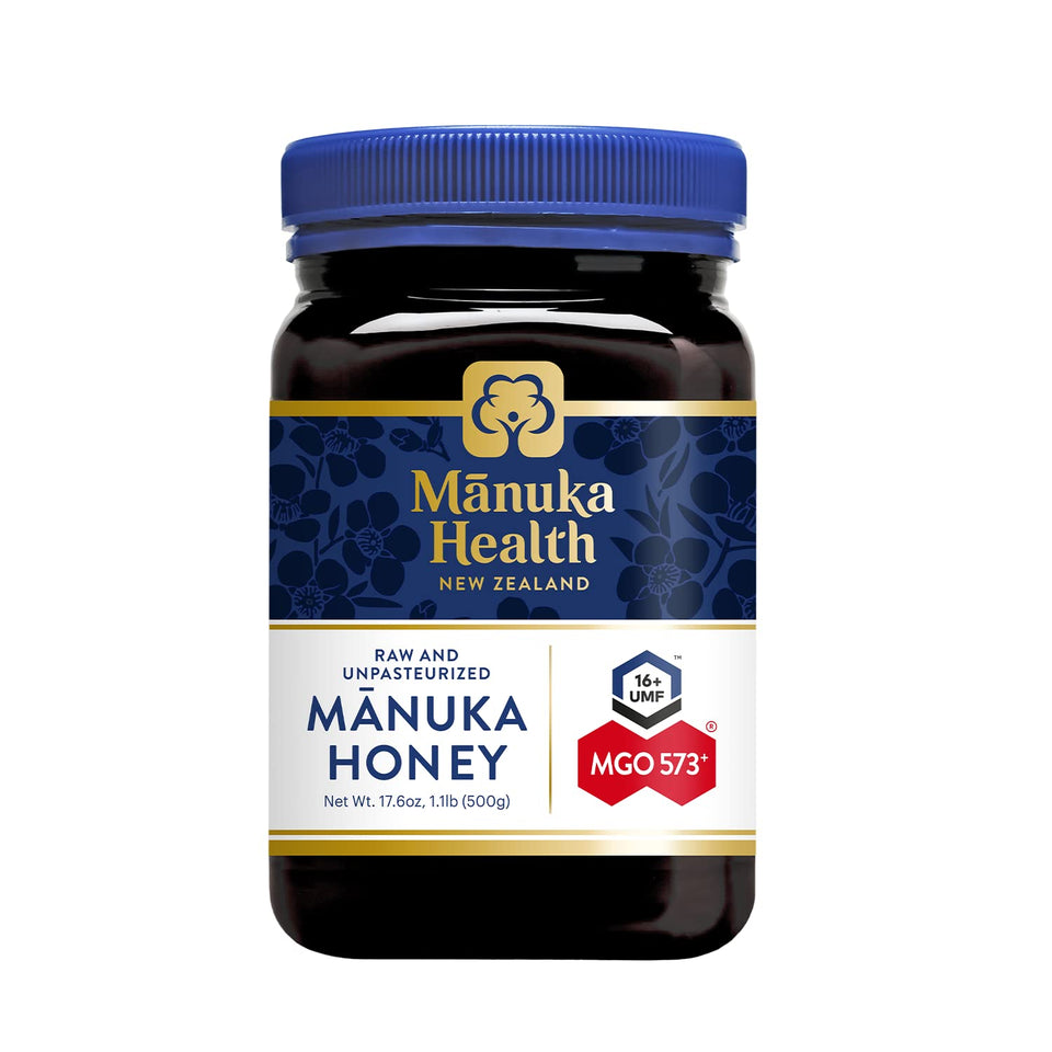 Manuka Health UMF 16+/MGO 573+ bottle shows premium potency for natural wellbeing