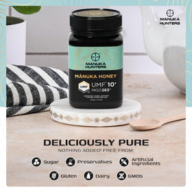 Manuka Hunters packaging label highlights New Zealand origin and UMF/MGO certification
