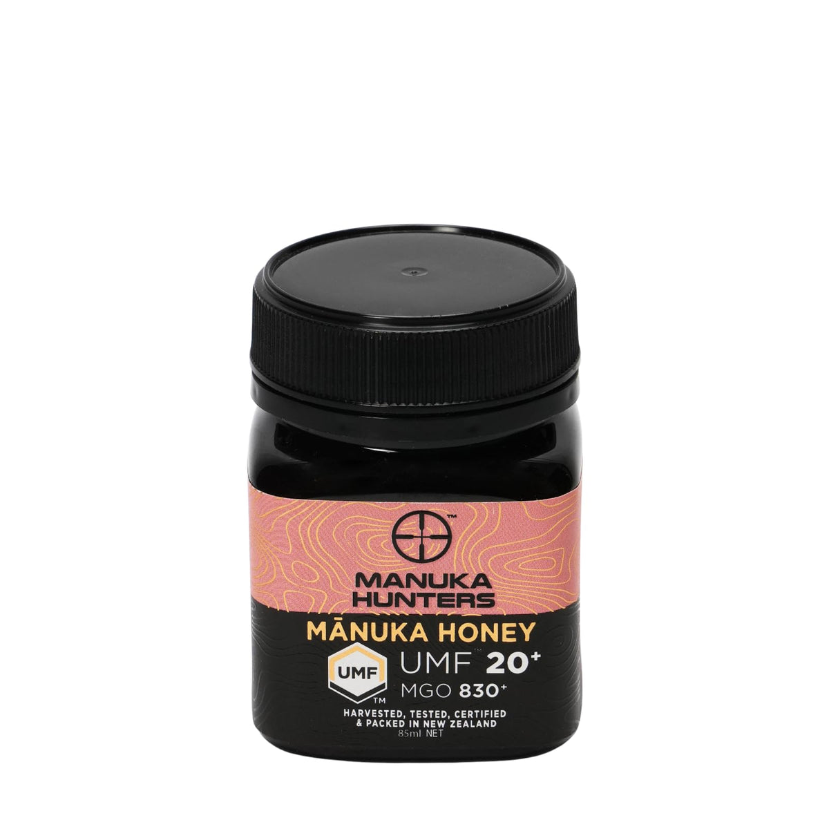 Manuka Hunters UMF 20+/MGO 830+ honey bottle front, premium branding