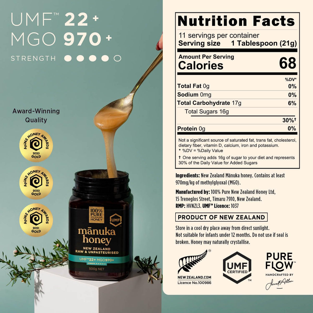 Manuka UMF22+ honey jar close-up shows dark color and strong taste