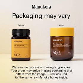 Pouring Manukora MGO 50+ honey reveals silky texture, perfect for tea.