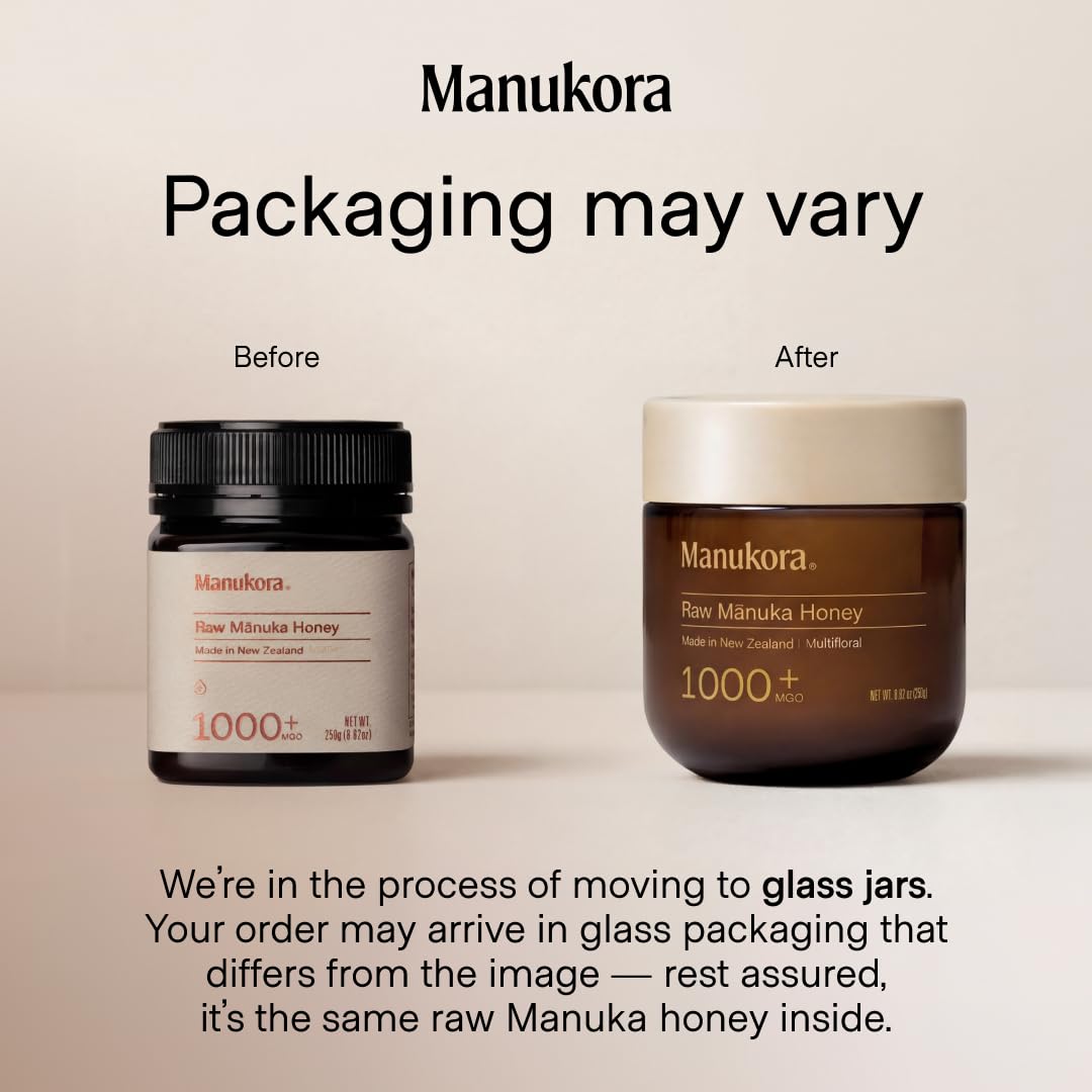 Manukora Manuka honey MGO 1000+ deep amber color and rich appearance.