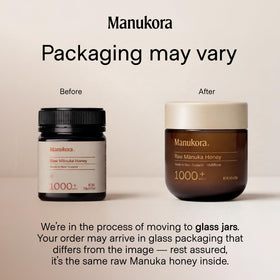 Manukora Manuka honey MGO 1000+ deep amber color and rich appearance.