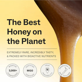 Manukora MGO 600+ jar with QR code proving hive-to-hand traceability.