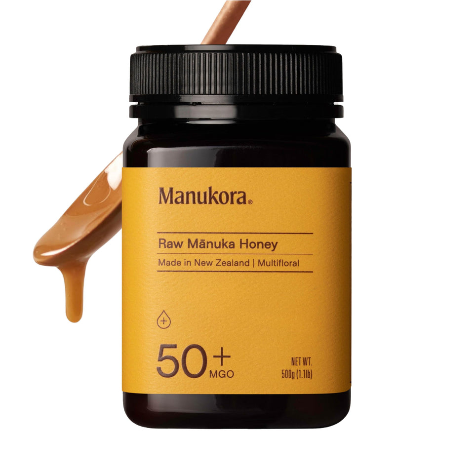 Manukora Raw Manuka Honey MGO 50+ jar with rich amber color, ideal for daily use.