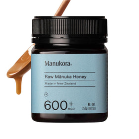 Manukora MGO 600+ honey bottle close-up for immune support.