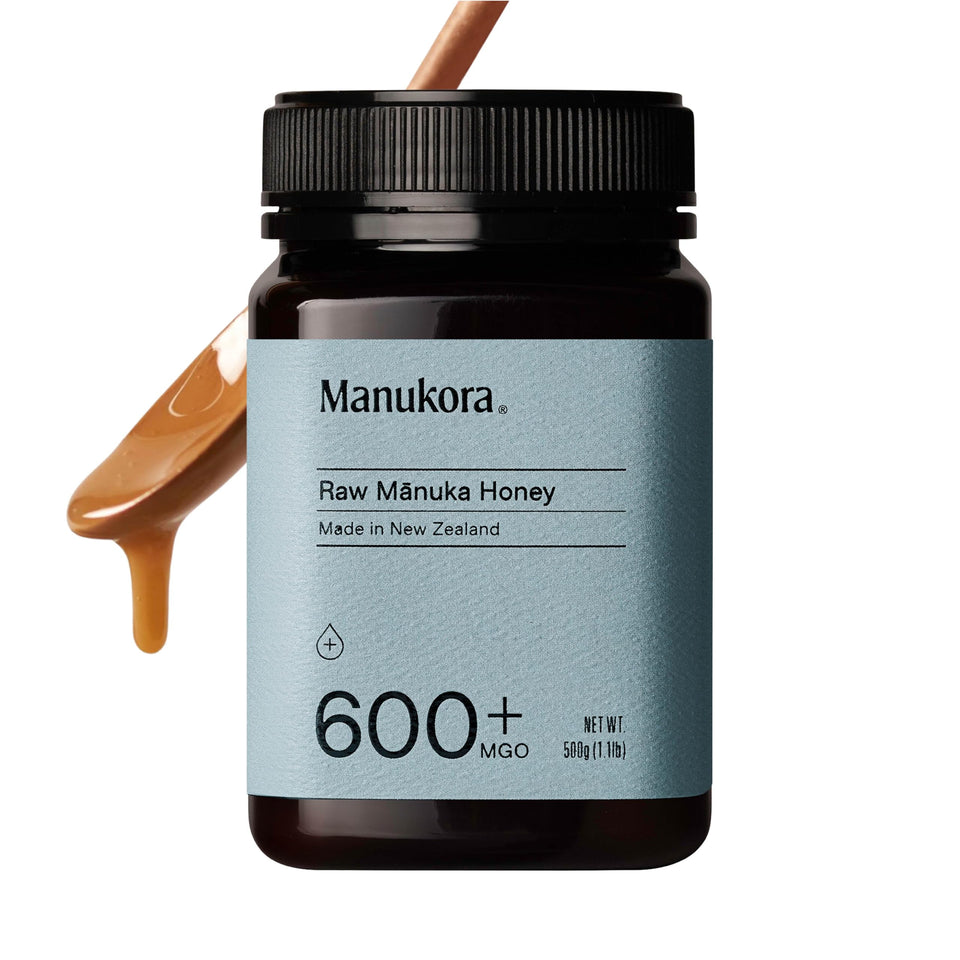 Manukora raw Manuka honey MGO 600 bottle showing rich amber color and premium quality
