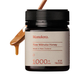 Manukora raw Manuka honey MGO 1000+ jar showing premium quality and packaging.