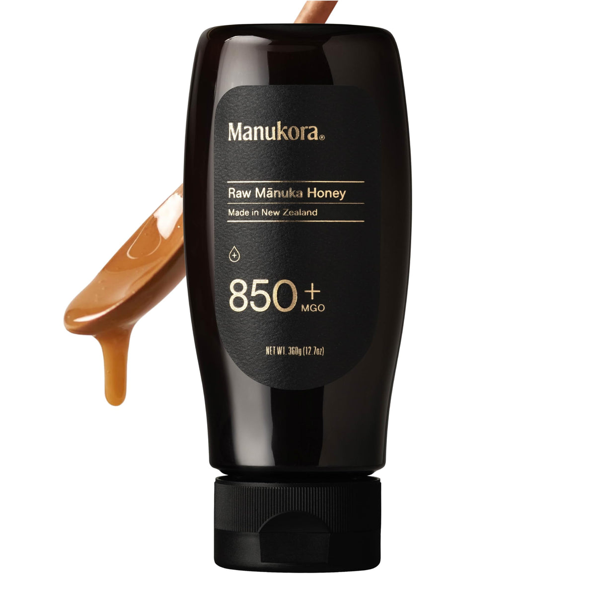Manukora Raw Manuka Honey MGO 850+ jar front, rich texture hints at premium immune-supporting sweetness.