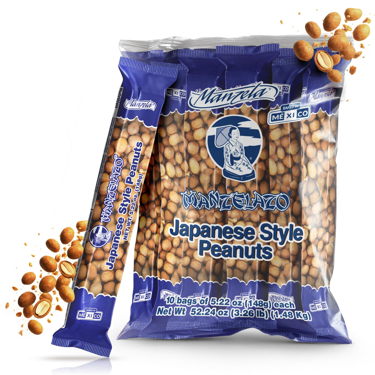 Manzela Japanese Style Coating Peanuts pack shows crunchy coating and savory-sweet flavor for on-the-go snacking