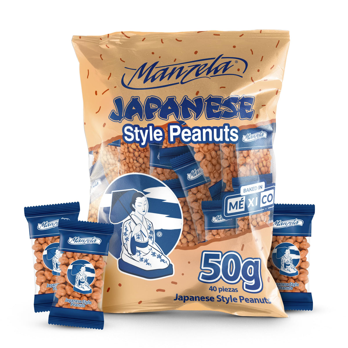 Manzela Japanese-Style Peanuts bag packaging showing convenient single-serve packs for on-the-go snacking.