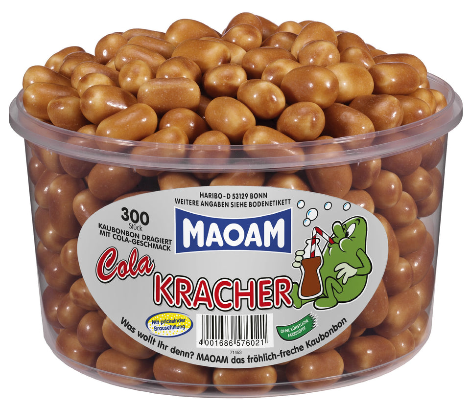Maoam Coke Kracher bulk display showing cola-flavored chewy candies ideal for sharing.