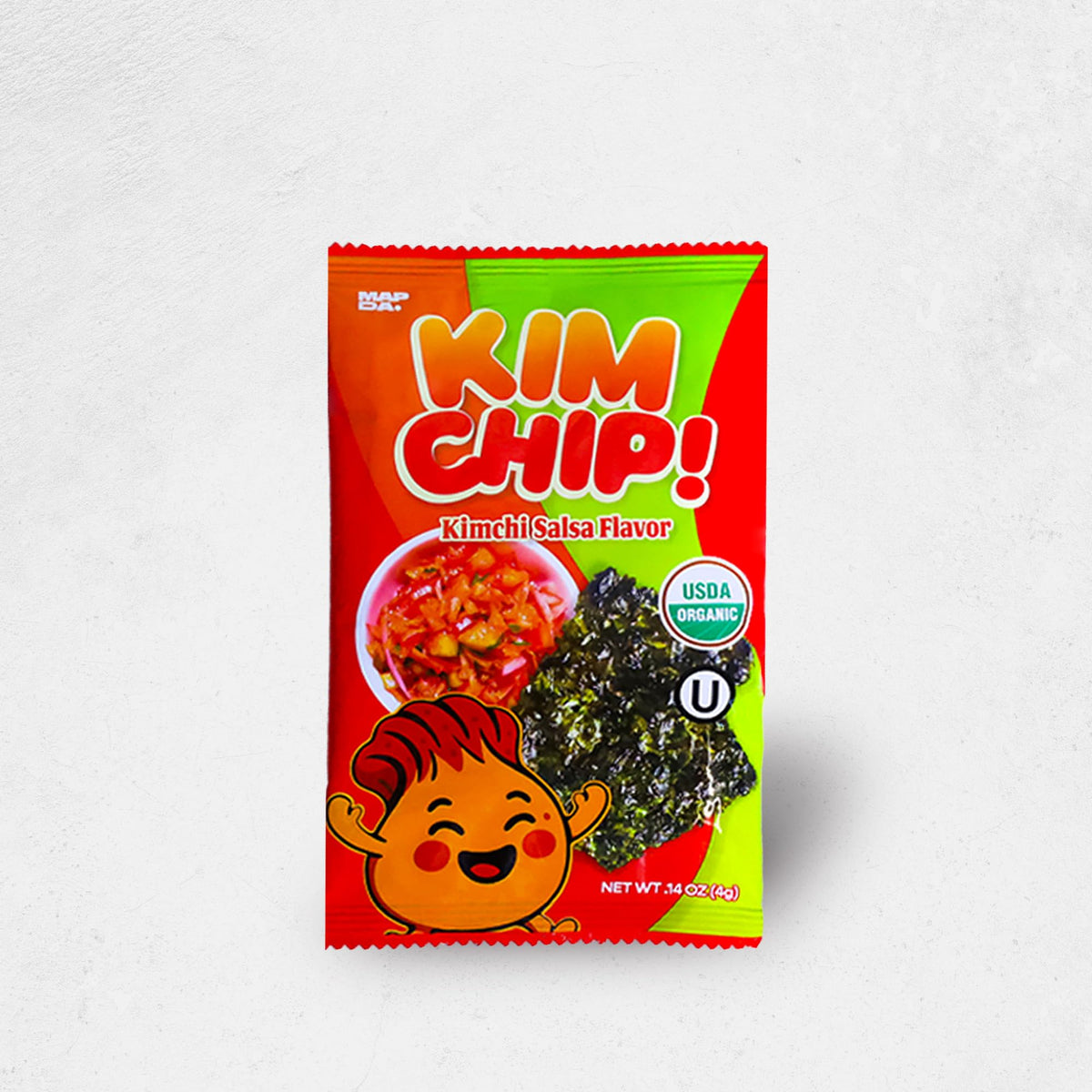 MAPDA KIMCHIP spicy kimchi roasted seaweed crisp chips close-up demonstrating light, low-cal snack