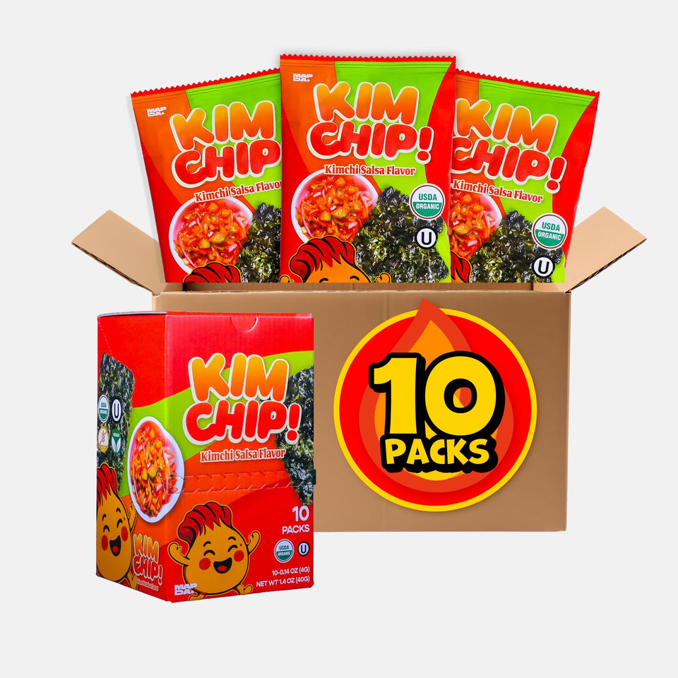 MAPDA KIMCHIP spicy kimchi roasted seaweed snack pack showing bold crunch for on-the-go snacking