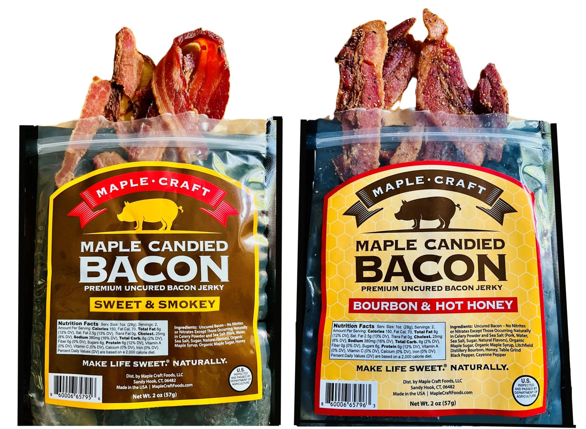 Maple Craft maple-candied bacon jerky combo pack featuring two flavors for a smoky, maple-infused snack