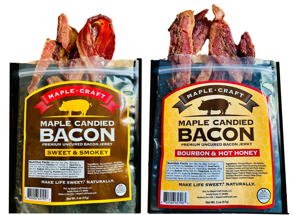 Maple Craft maple-candied bacon jerky combo pack featuring two flavors for a smoky, maple-infused snack