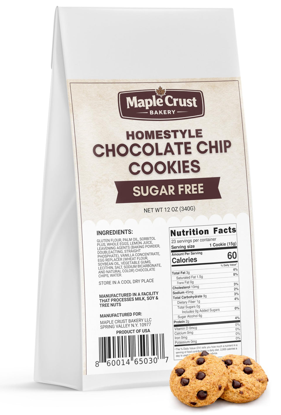 Maple Crust Bakery sugar-free chocolate chip cookies in a resealable 12 oz bag for fresh, anytime enjoyment.