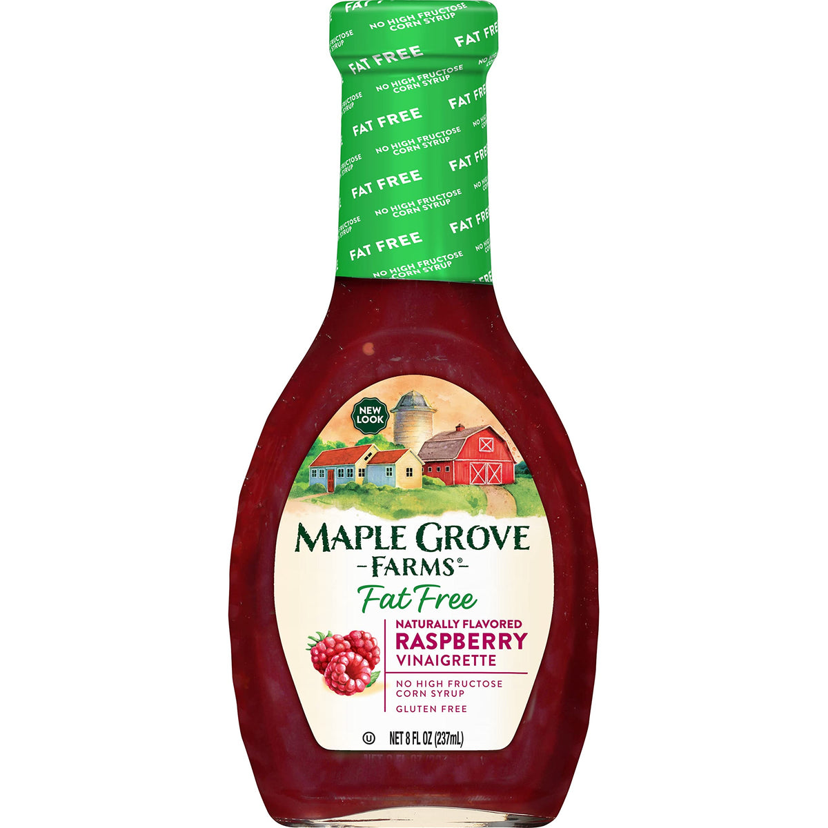 Maple Grove Farms Raspberry Vinaigrette bottle enhances salads with a fat-free, fruity tang