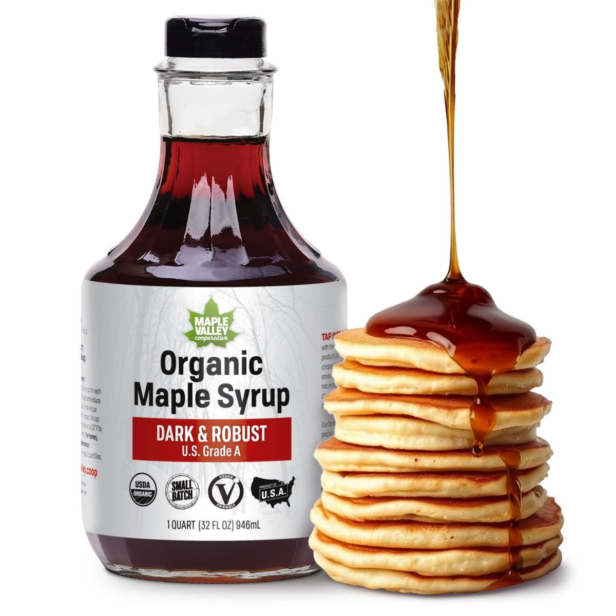 Maple Valley Dark Amber Syrup bottle showcasing rich flavor ideal for topping.