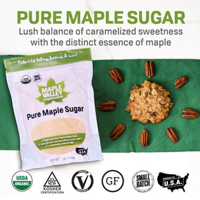 Maple Valley maple sugar for baking and cooking, enhances flavor.