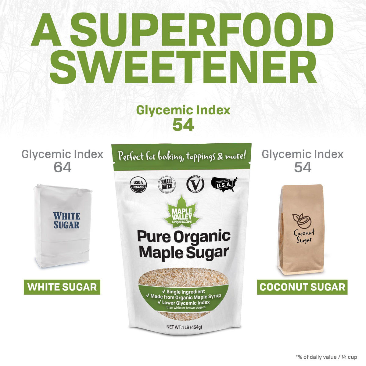 Maple Valley vegan and gluten-free maple sugar with non-GMO labeling.