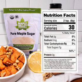 Maple Valley maple sugar pour, ideal for coffee sweetness.