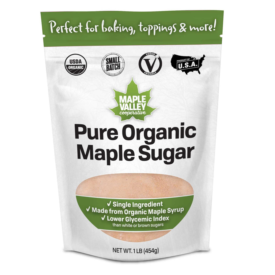Maple Valley Organic Pure Maple Sugar bag, single-ingredient sweetness for baking.