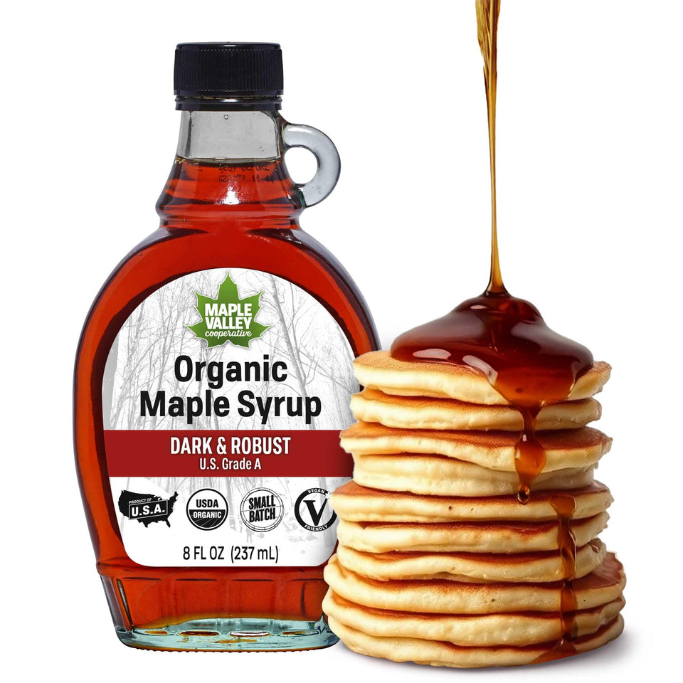 Maple Valley Organic Pure Maple Syrup 8oz front view, rich flavor ready for everyday use