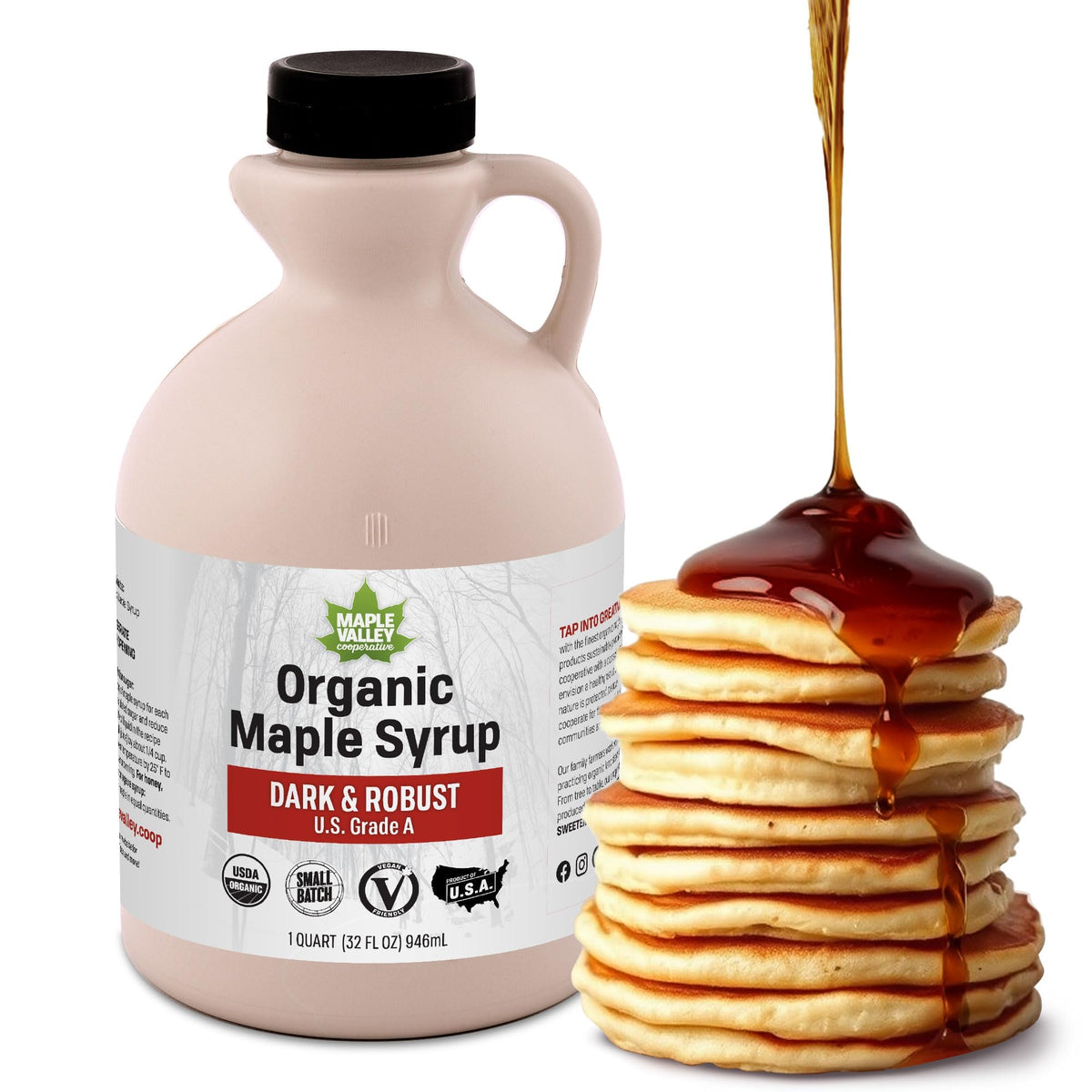 Maple Valley Organic Pure Maple Syrup bottle on countertop, ideal daily topping.