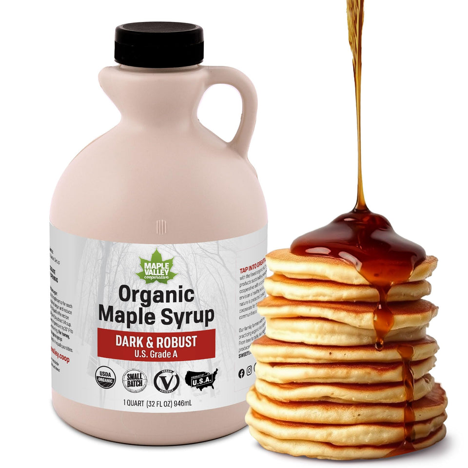 Maple Valley Organic Pure Maple Syrup bottle on countertop, ideal daily topping.