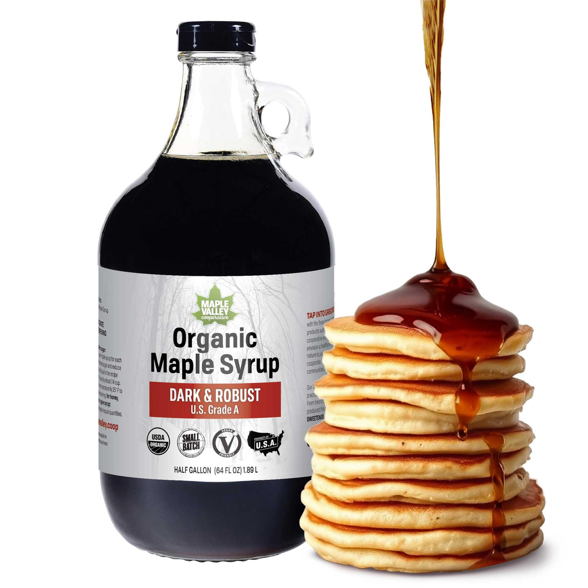 Maple Valley Organic Pure Maple Syrup front bottle shows rich amber color for premium toppings