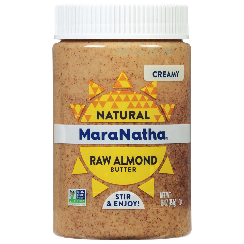 MaraNatha almond butter jar shows a creamy texture, ideal for spreading.