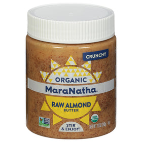 MaraNatha almond butter jar front view highlights organic, crunchy richness for toast