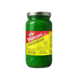 Marconi green relish jar closeup for bold sandwich topping