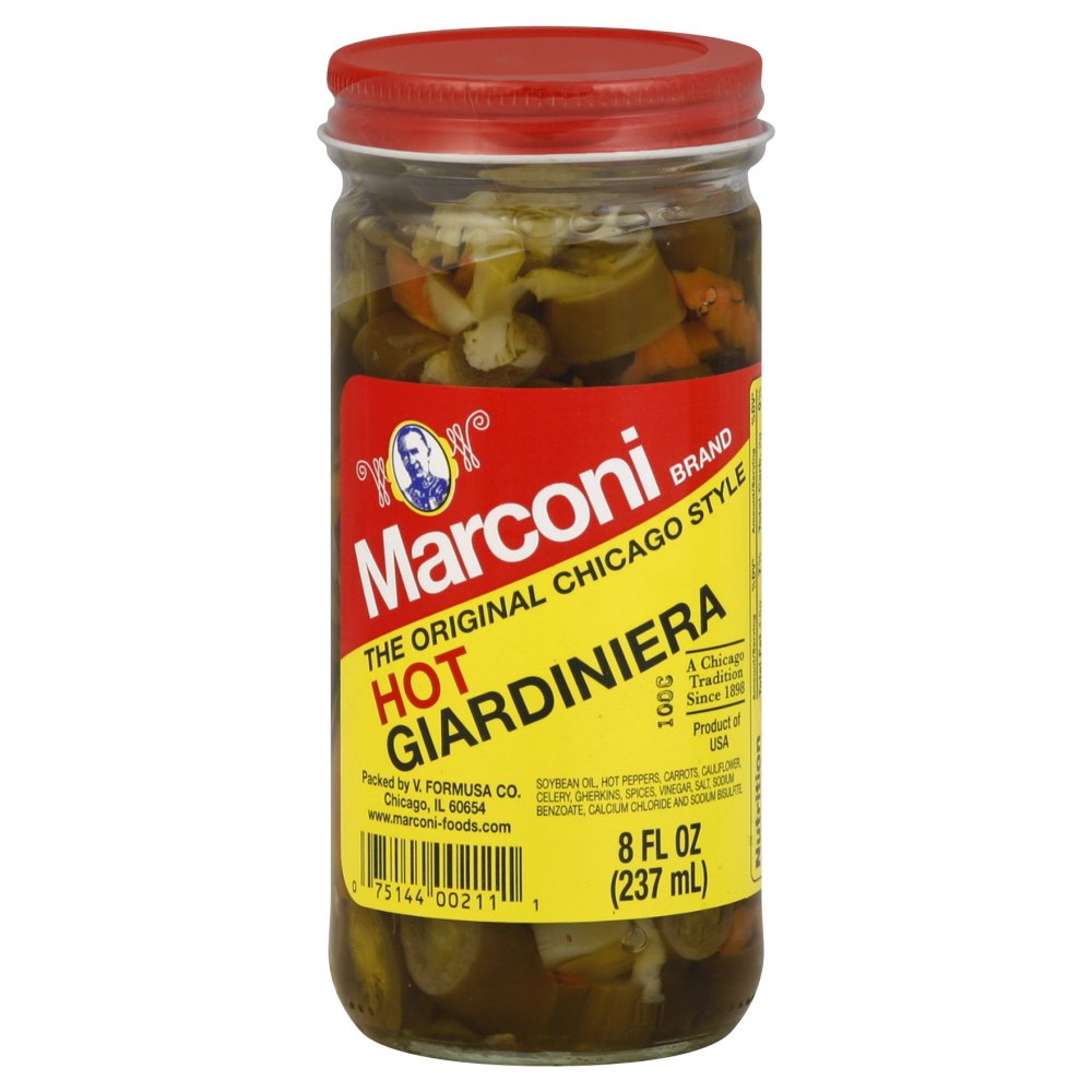 Marconi Hot Giardiniera jar enhances pizza, pasta, and more with a lively peppery kick