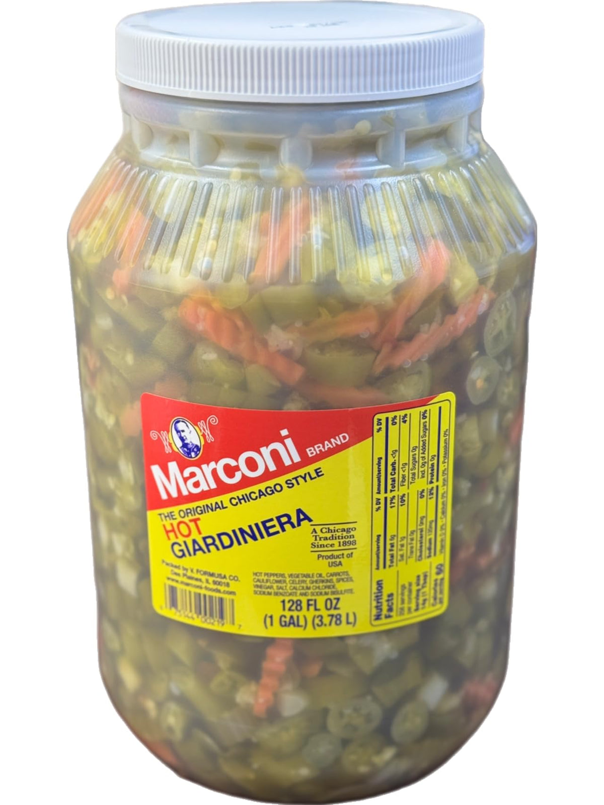 Marconi Hot Giardiniera bulk jar front view, ideal for extended use and bulk storage