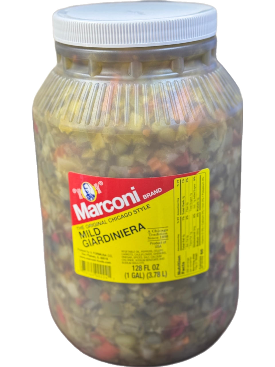 Marconi Mild Giardiniera Chicago-style vegetable mix in a jar, perfect for sandwiches.