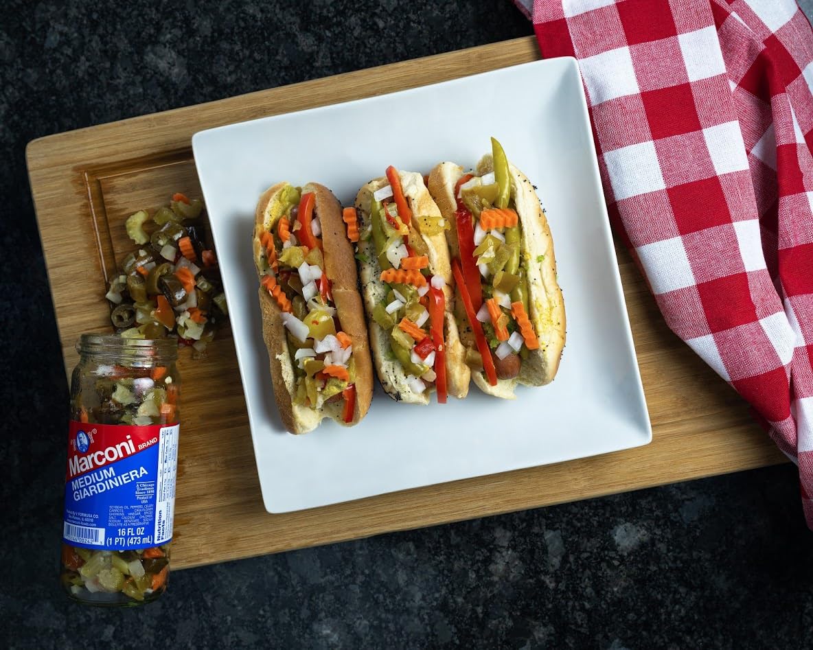 Marconi Mild Giardiniera peppers and veggies in a jar, adds zesty crunch.