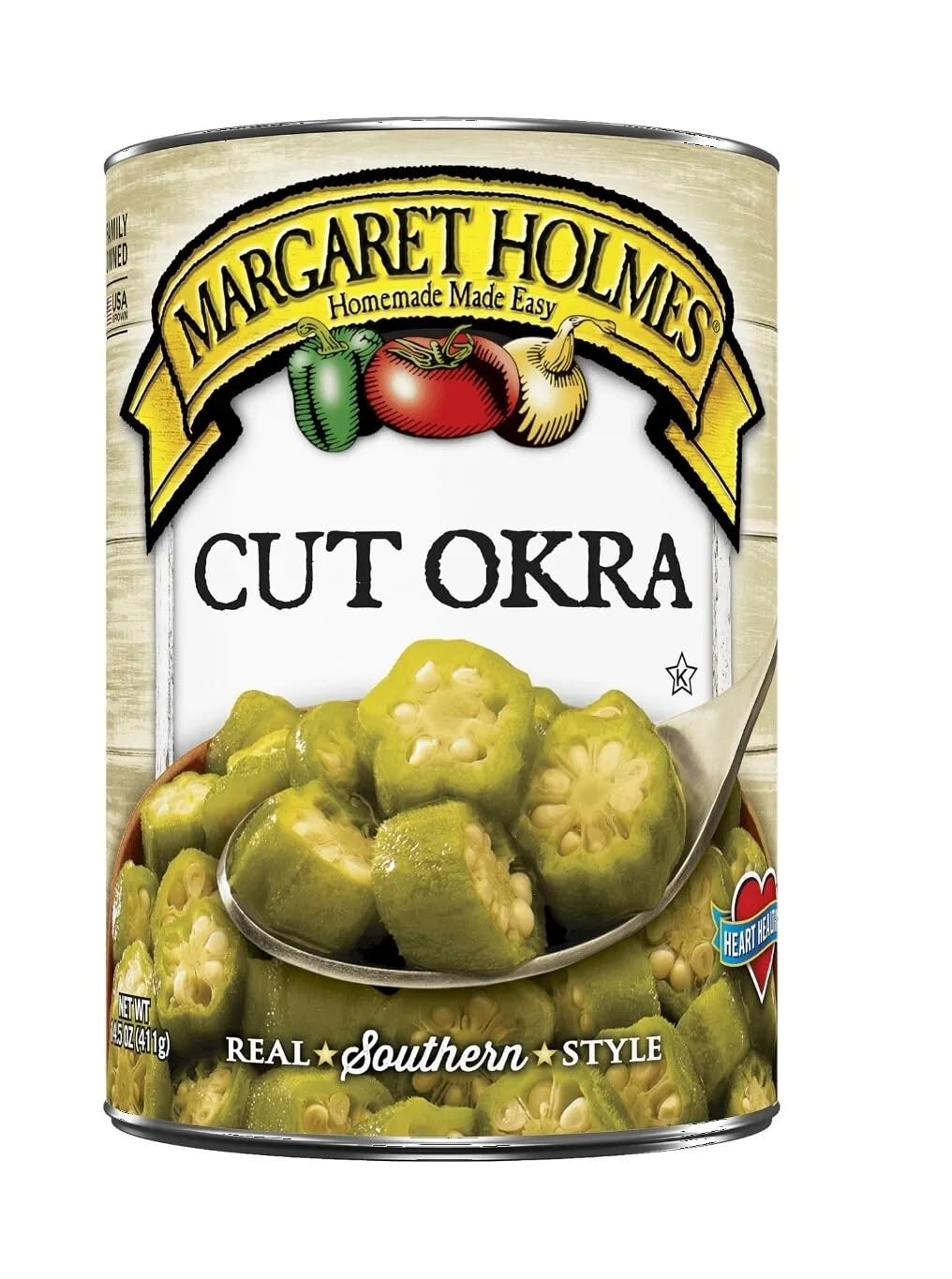 Margaret Holmes Cut Okra pack of three cans, ready-to-use for soups and stews.